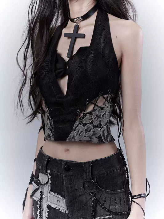 Grunge Lace Stitching Leather Tank Top