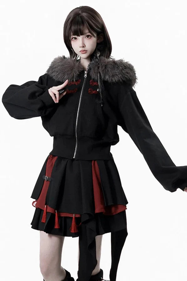 Dark Detachable Fur Jacket + Skirt + Pants