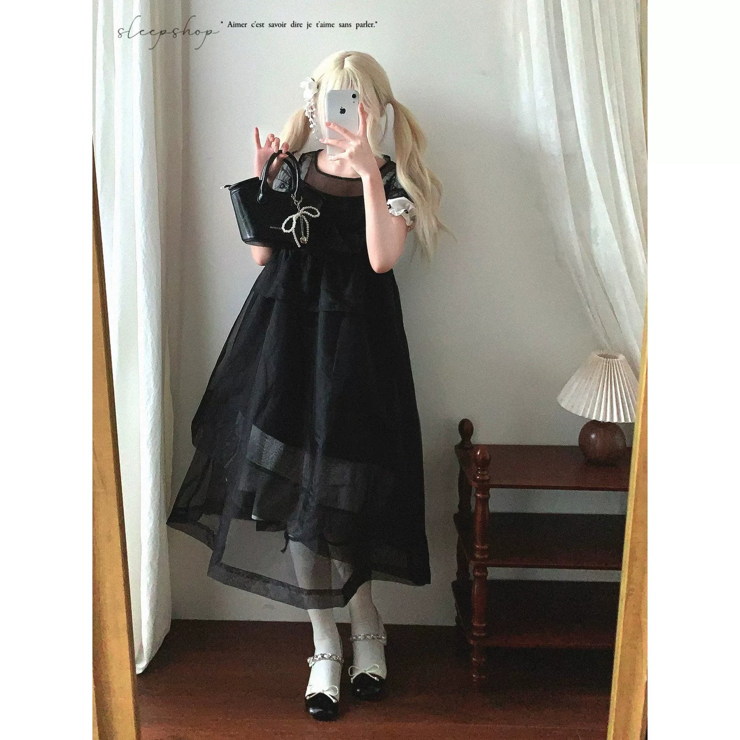 Final Clearance yc Salt* Sweet Bowknot Crew Neck Solid Color Sheer Chiffon Tulle Slip Dress