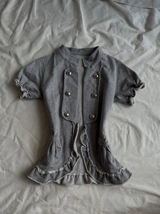 Gothic Rose Original Grey Sweet & Playful Cinched-Waist Short-Sleeve Top for Summer, Vintage-Inspired Retro V-Neck Outfit