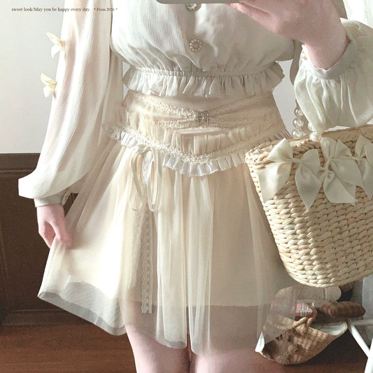 Last-Stock rlgy Vintage Rose Embroidered Sweet Peter Pan Collar Ruffle Sleeveless Lace Tulle Skirt*f