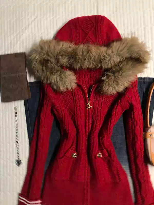 Red hooded fur collar slim sweater