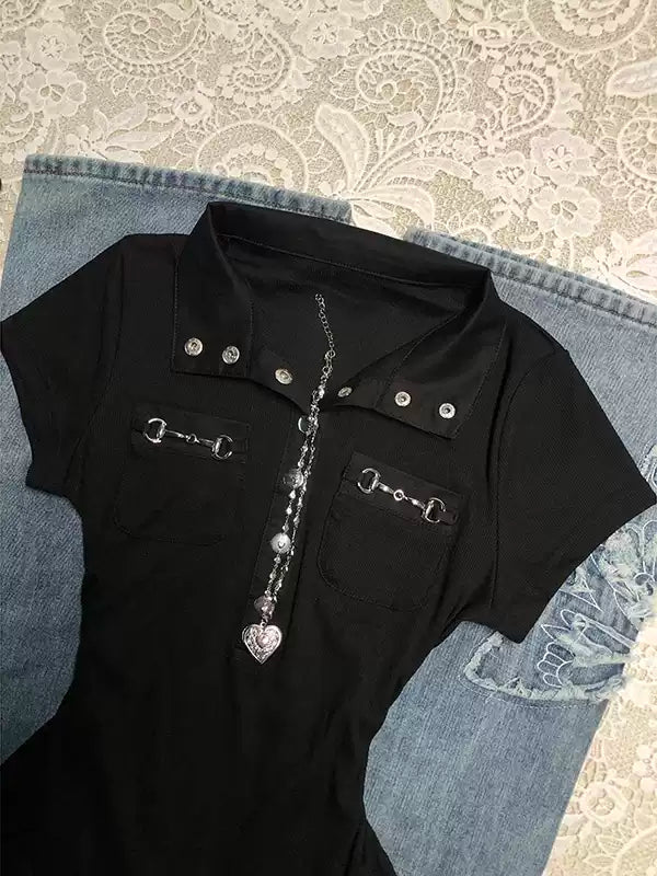Black Polo collar short-sleeved T-shirt