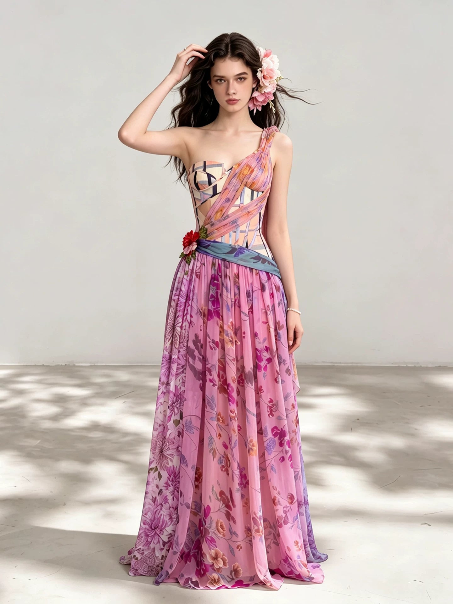 Stunning Thai Irregular Off-Shoulder Fishtail Corset-Style Bodice Floral Print Draped Cinched-Waist Dress