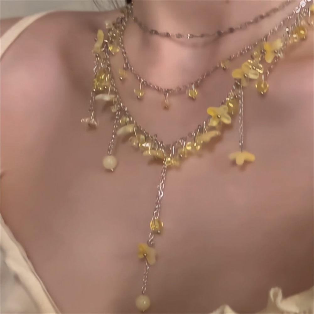 zoozmomo Yellow Crystal Flower Beaded Tassel Necklace for Women, Elegant Choker Collarbone Necklace