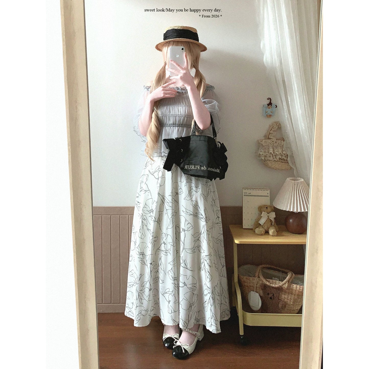 Japanese Single-Line Outline Vintage Flower High-Waisted Ruffled Fishtail Midi Skirt*