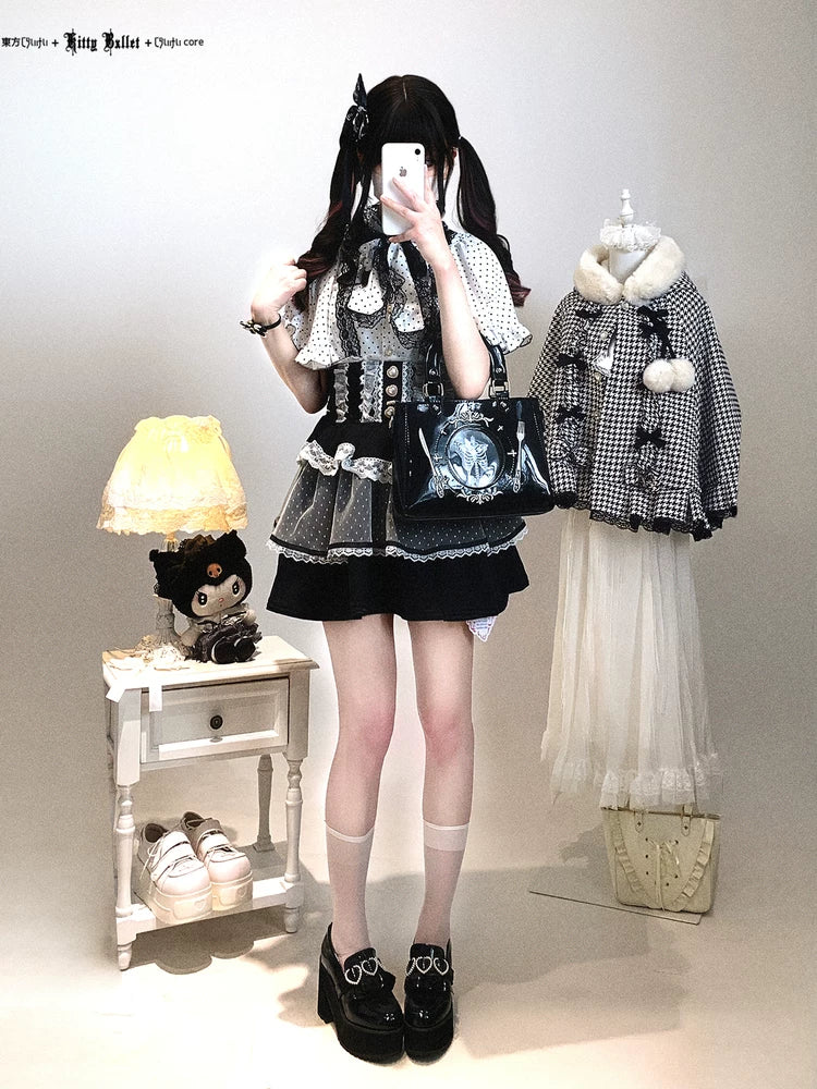KittyBxllet Original [Butterfly Princess / Polka Dot] Ruffled Sleeveless Shawl-Style Chiffon Tie Shirt