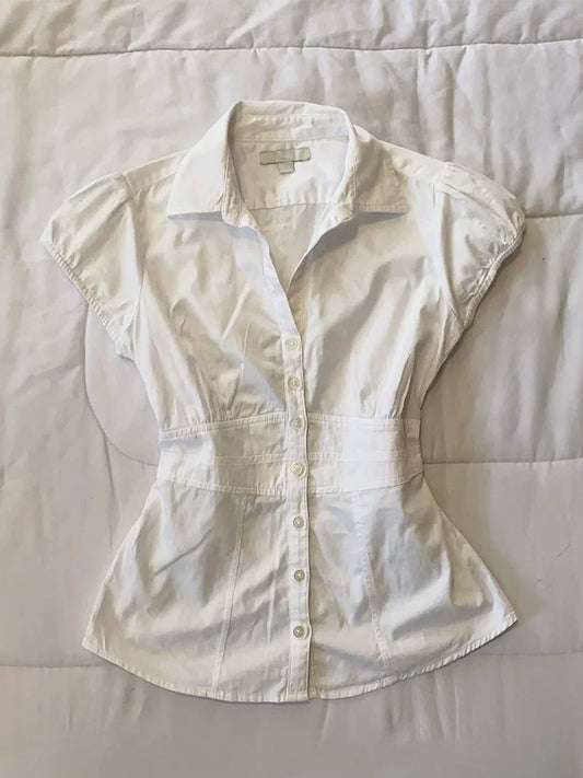 White Short-Sleeve Top Slimming Shirt Waist-Cinching Retro Blouse Summer Design-Sense