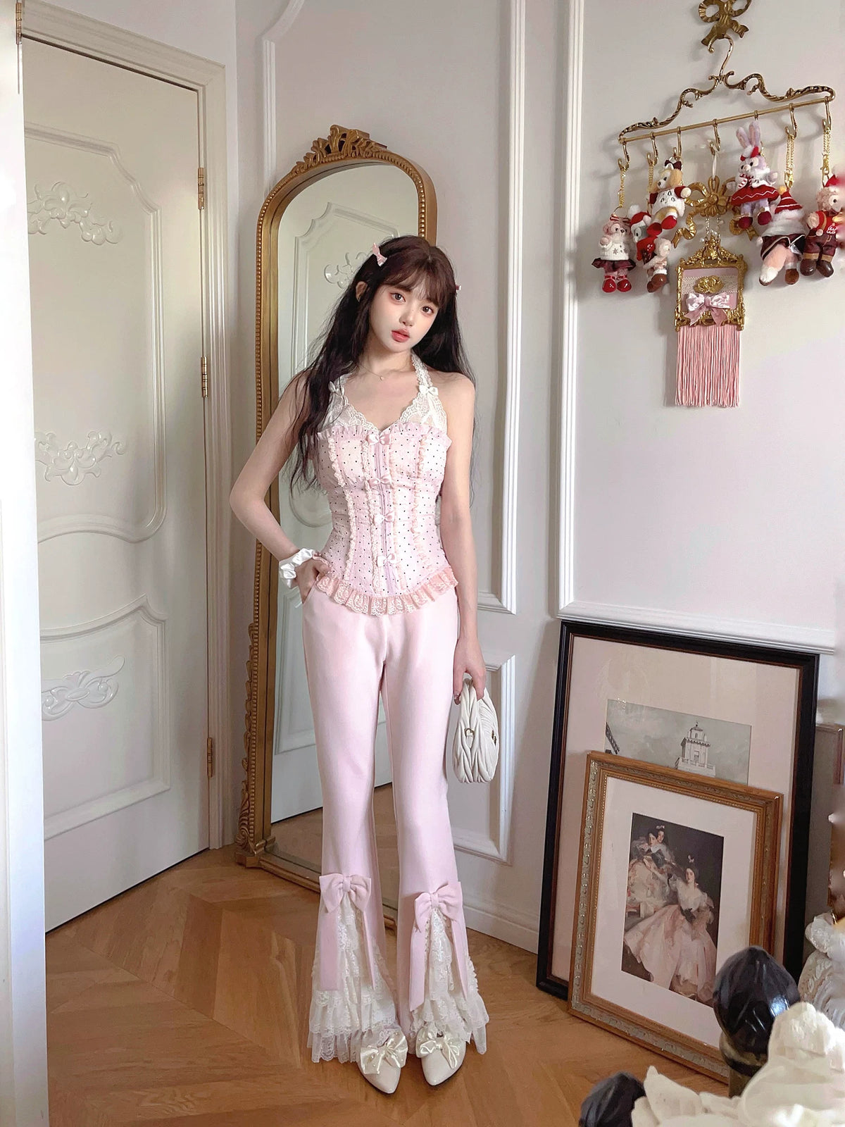 “Pinched Waist” French Girl Polka Dot Slim-Fit Chiffon Bustier Top T2324