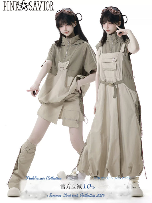 Pinksavior “Wilderness Tale” Mountain-Inspired Lightweight & Breathable Khaki Embroidered Long Strap Dress Set