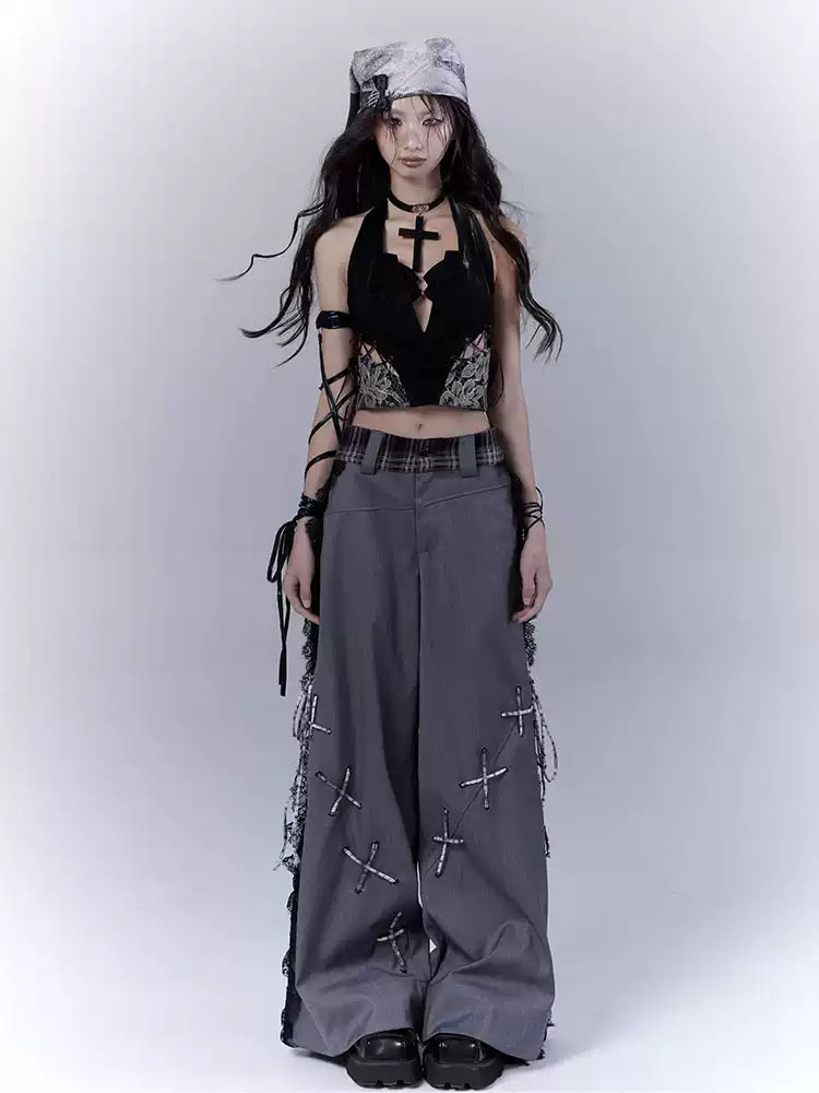 hollow lace stitching suit pants