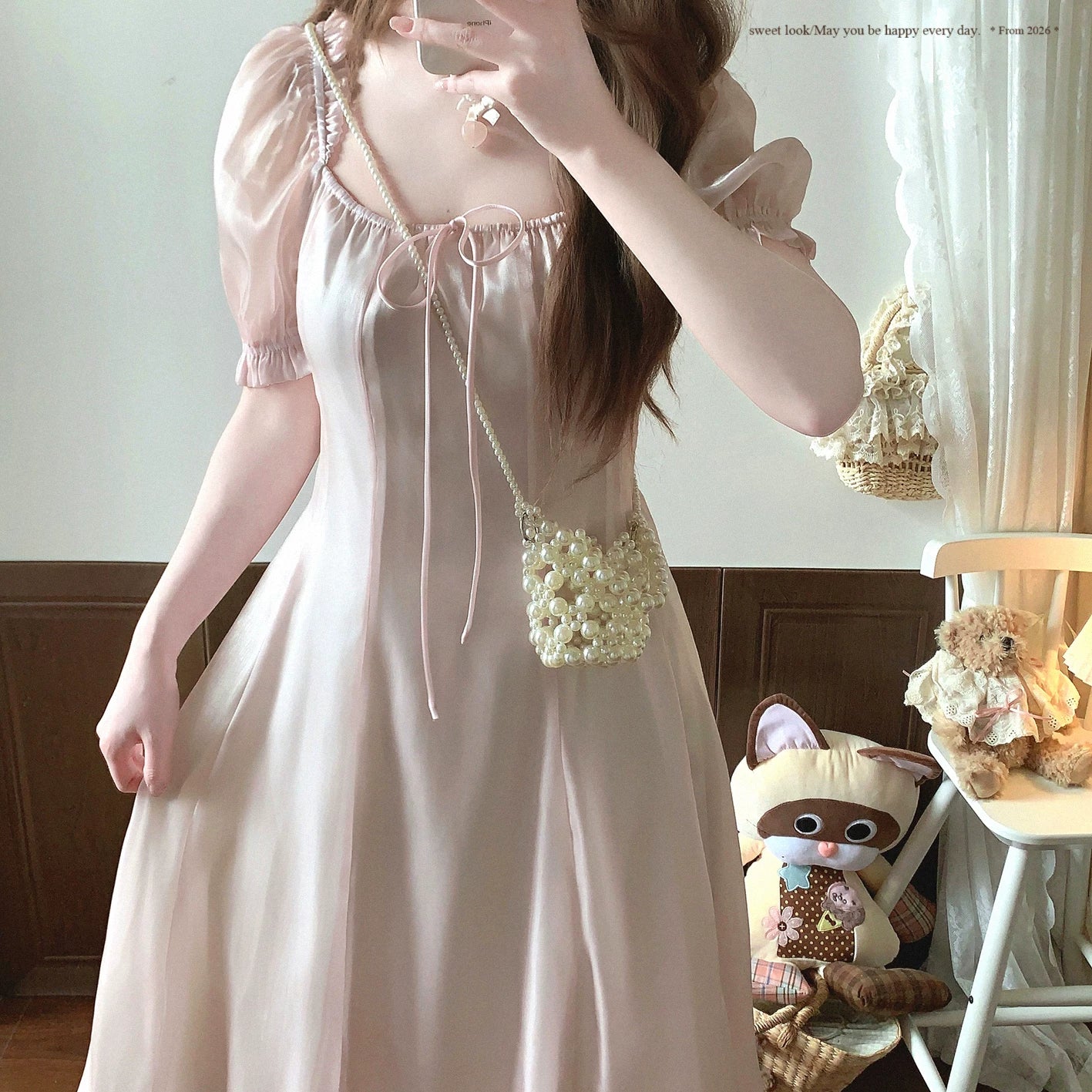 Last-Stock dod* Lace-Trim Satin-Gloss Lace-Up Square-Neck Puff-Sleeve Chiffon Dress