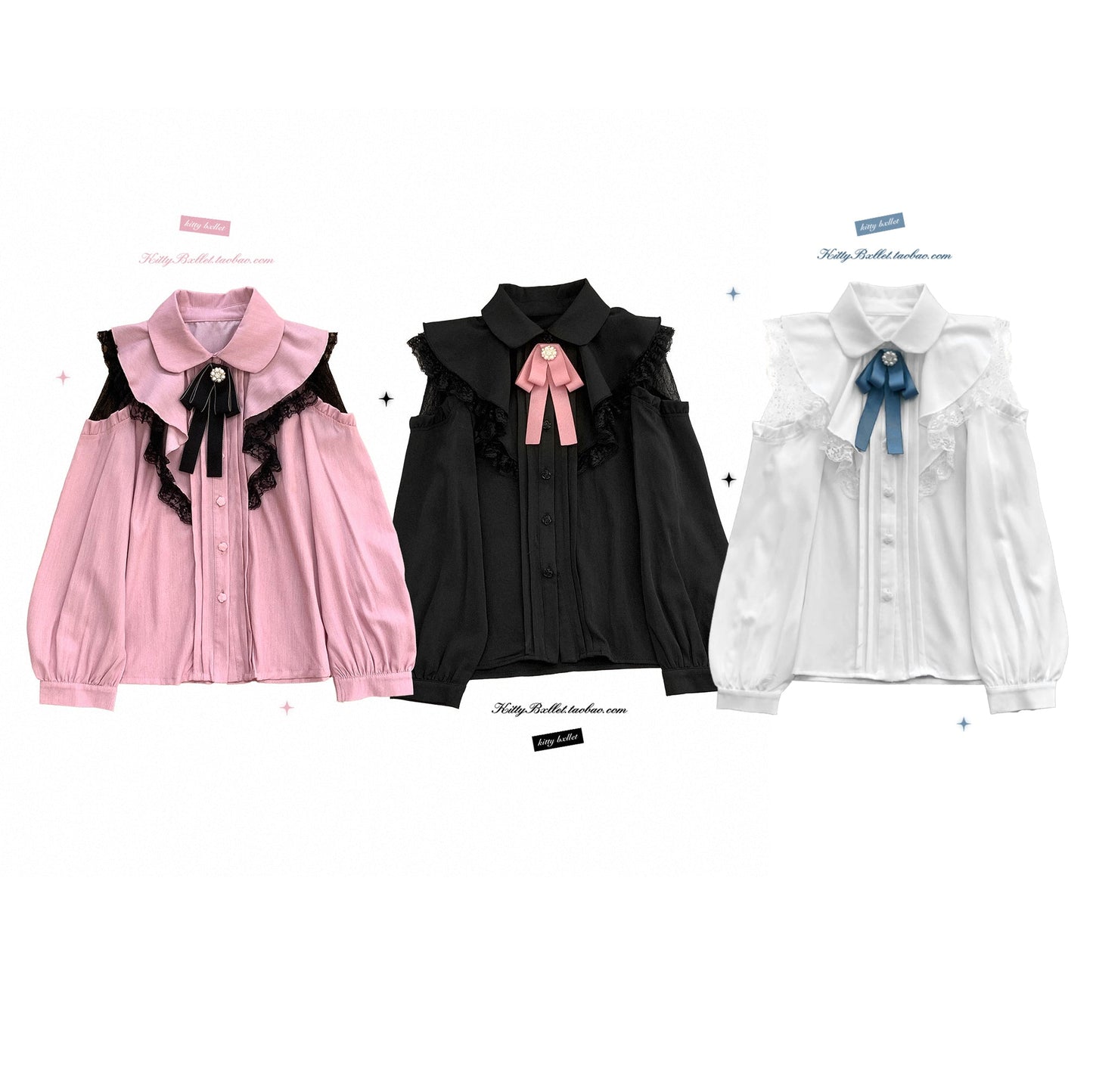 (BFM)KittyBxllet~Kuroneko~Jirai Kei Shoulder Open Ruffle Lace Long Sleeve Blouse