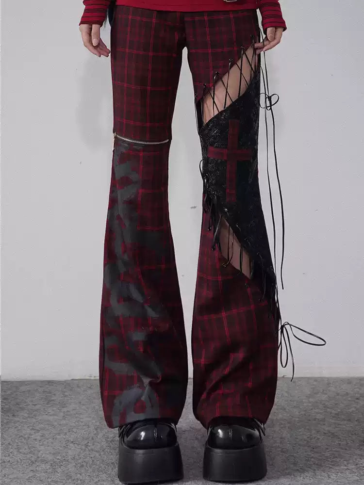 strappy hollow red and black plaid leather trousers