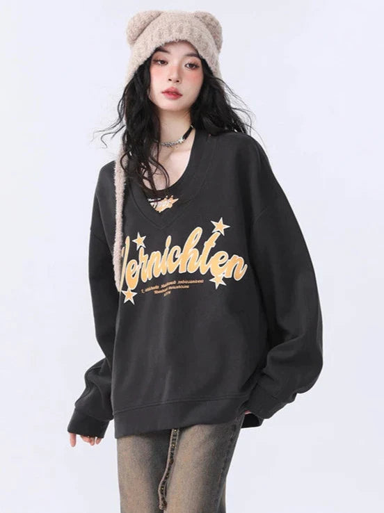 American Retro Casual Loose Two Piece Letter Print Sweatshirt