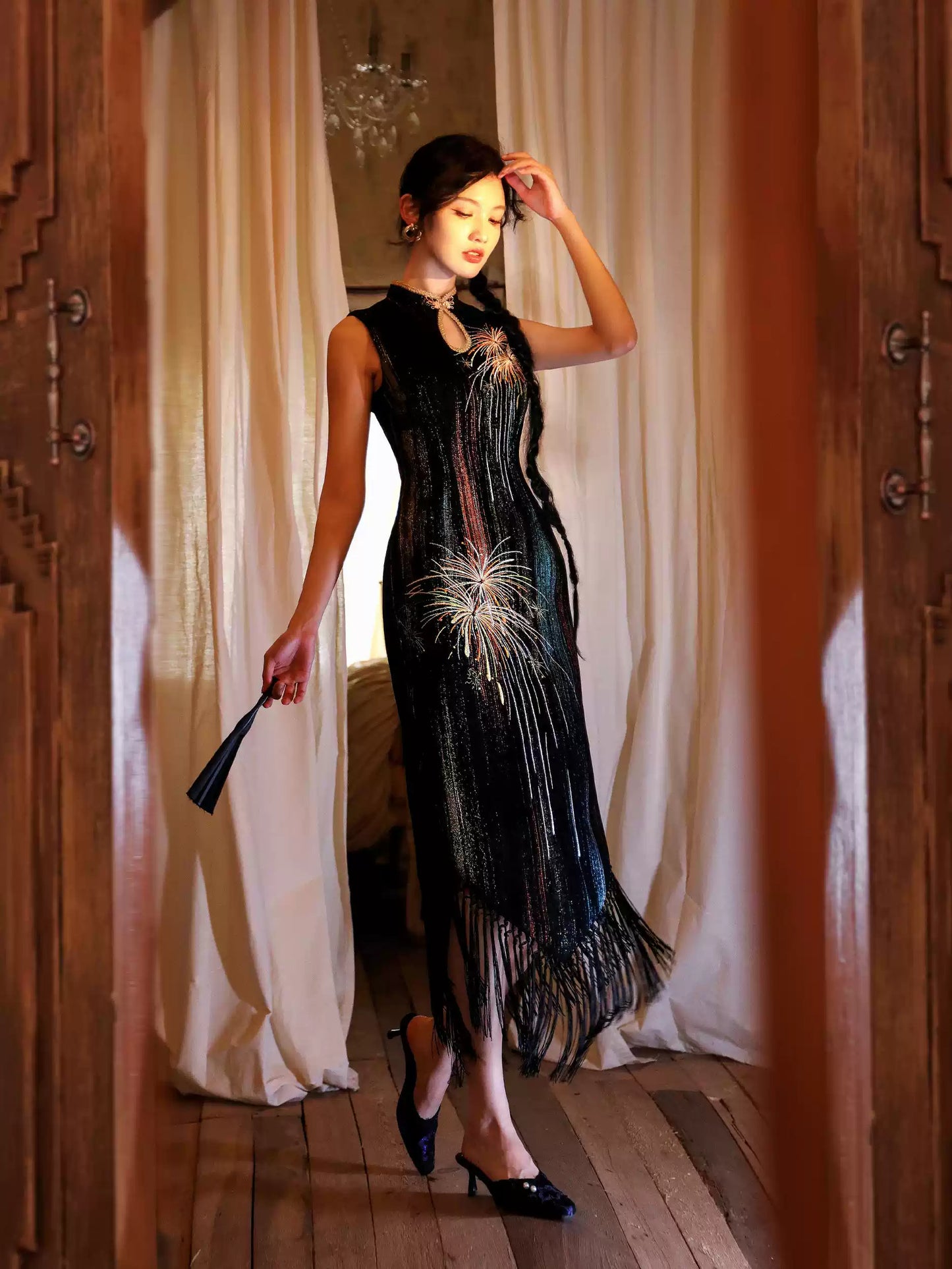 Chenille Embroidery Tassel Cheongsam Dress
