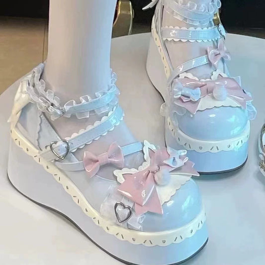 Lolita Mary Jane Shoes for Women, Japanese Soft Girl JK Style Lolita Platform Oxfords with Bow, Spring New Thick Sole