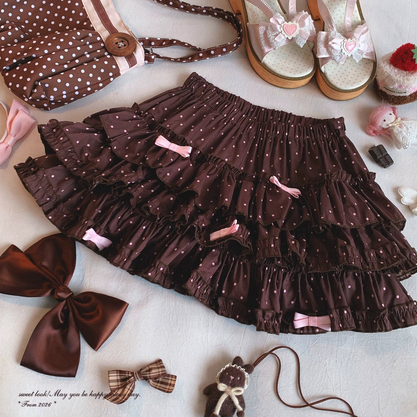 Sleepingdoll Handmade Sweet Vintage Polka Dot Madder Lace-Up Bow Cake Skirt
