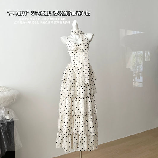Miou Handmade “Roman Holiday” French Vacation Gentle Polka Dot Waist-Cinching Slimming Fashion Slip Dress
