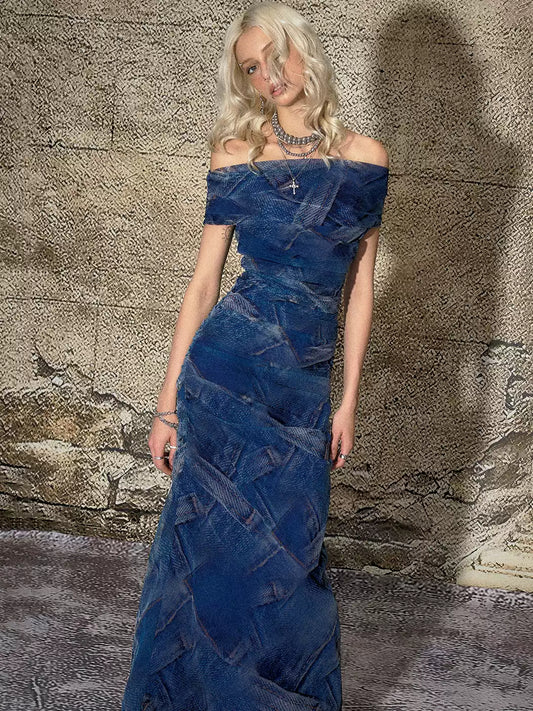 Blue One-shoulder Mesh Print Dress