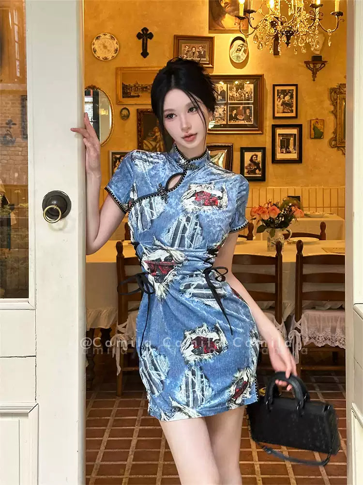 Blue Velvet Denim Stretch Cheongsam Dress