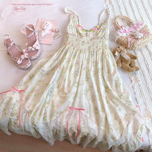 Last-Piece LSM Romantic Vintage Floral Embroidered Dress with Petal Details, Pleated Waist, Lace Irregular Strappy Slip Dress