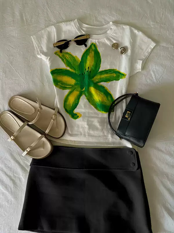 watercolor flower print round neck T-shirt