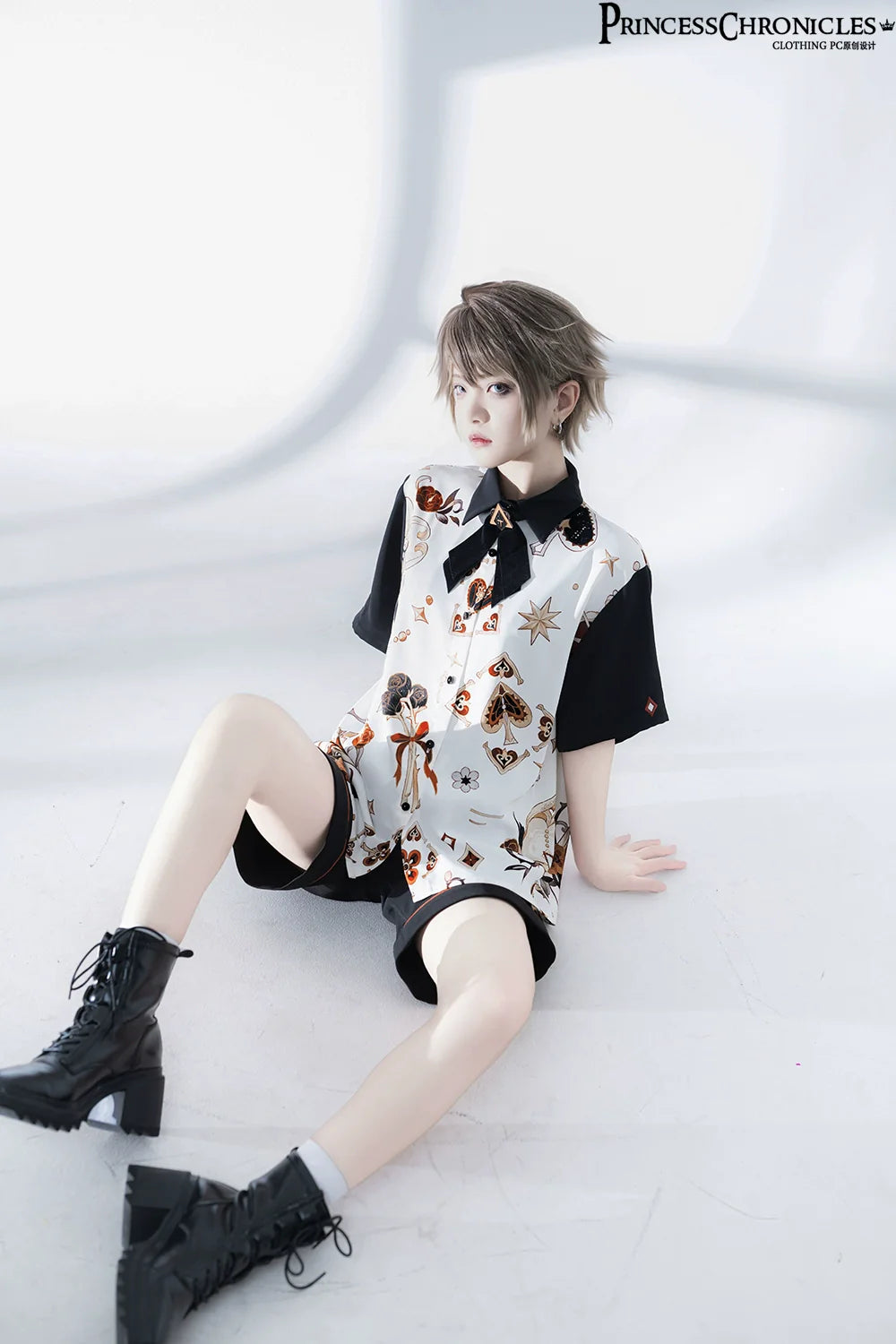 Retro Ouji Lolita Shirt Floral Short Sleeve Shirt and Embroidered Black Shorts