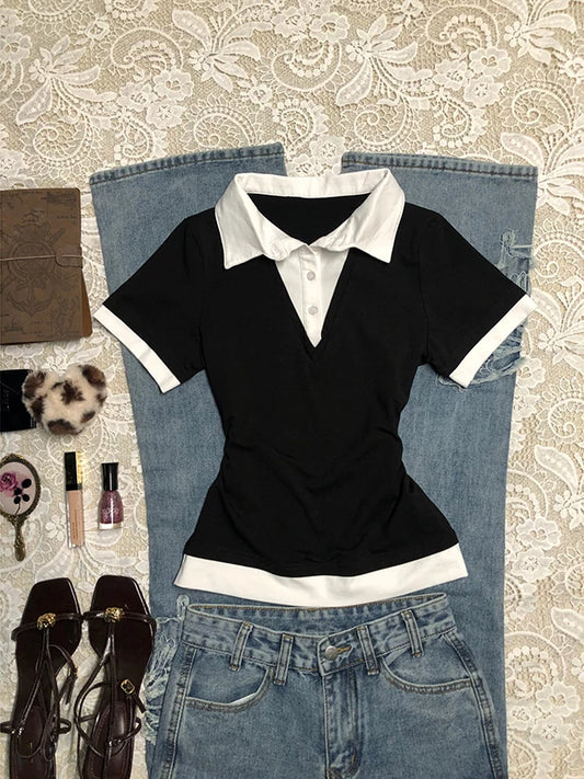 Black-and-White Color-Block Shirt-Collar Paneled “Fake Two-Piece” T-Shirt for Off-Shoulder Short Sleeves, Vintage Top for Summer
