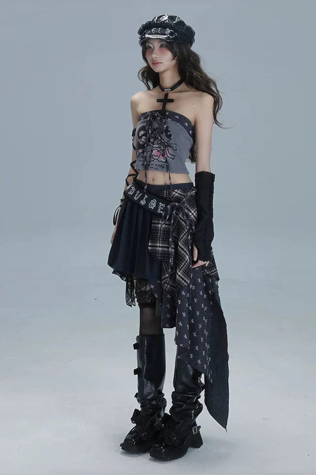 Check Patchwork Asymmetrical Skirt