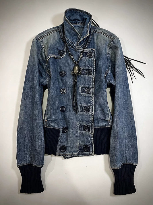 Ban Zhi Tao Original Vintage Stand Collar Denim Jacket with Slant Button-Front, Double-Breasted Design, for Autumn Women—Niche High-End Styling