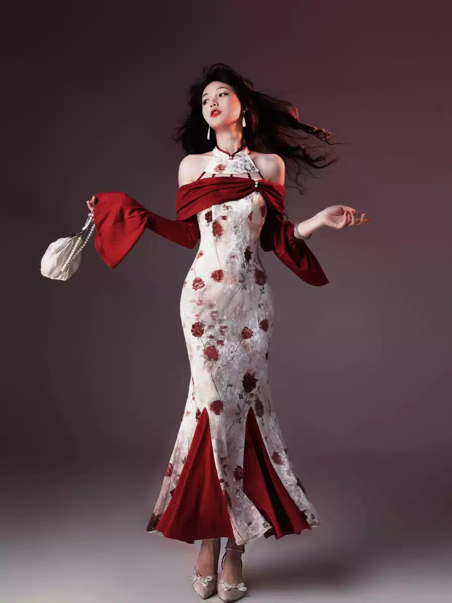 Rose Velvet Printed Fishtail Cheongsam Dress