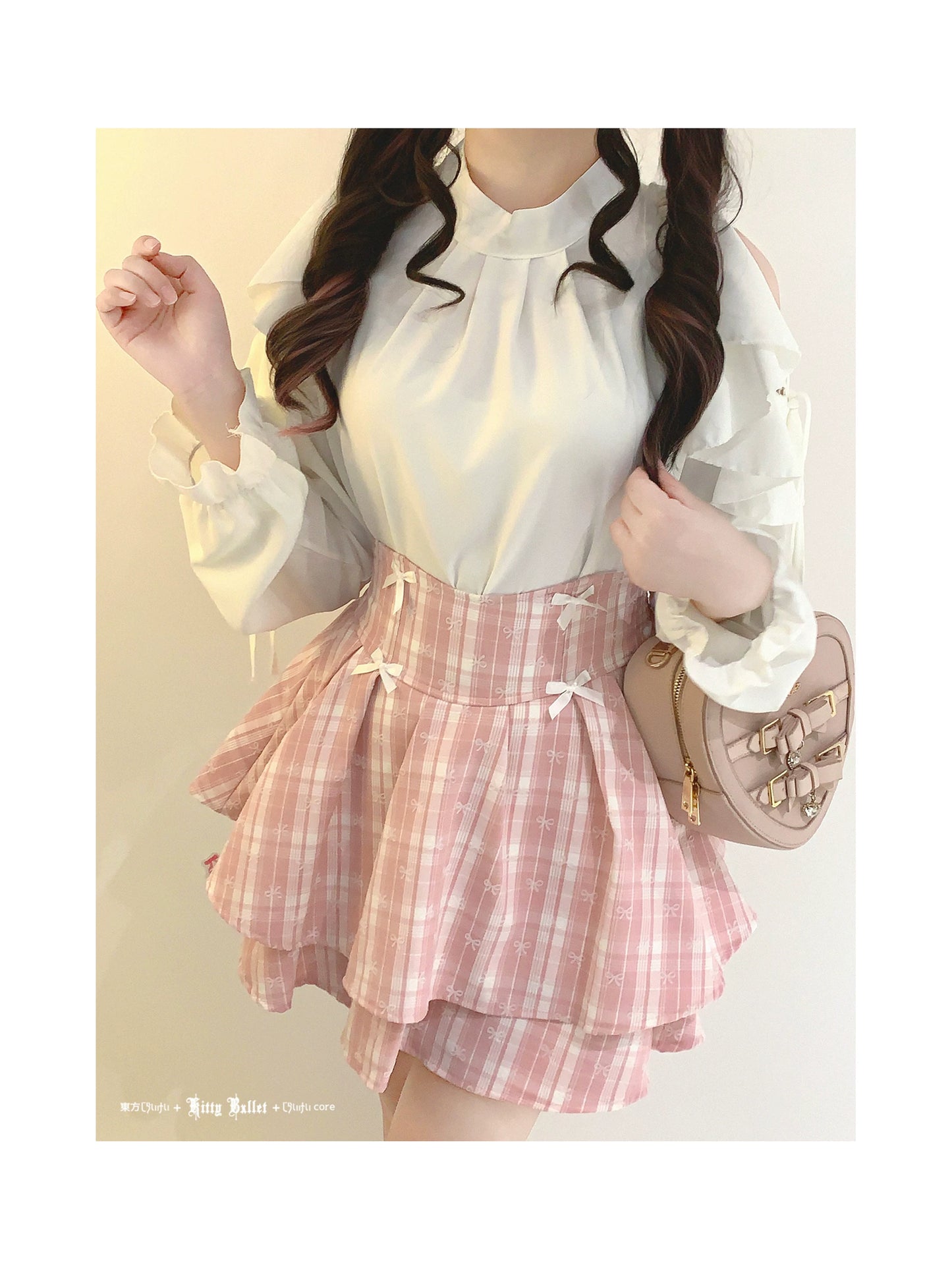 KittyBxllet Original “Ribbon Girl” Off-Shoulder Tie-Up Chiffon Top with Lace Trim Ruffles Long Sleeves