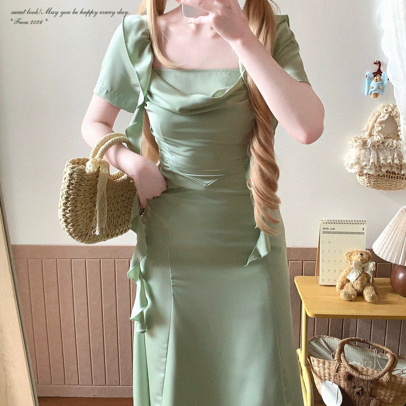 End-of-Season WDD Mint Mambo Elegant Glossy Satin-Feel Contrast-Edge Ruffle Tie-Waist Dress