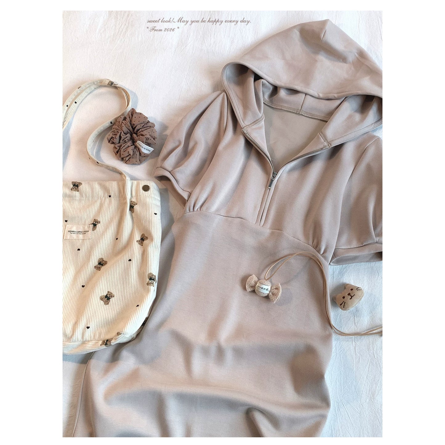 Last-Stock GR* Solid Color Minimalist Hooded Sweatshirt Dress, Casual Everyday, Versatile Zip-Front Dress