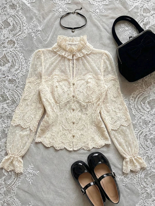 Apricot Lace Long-Sleeve Shirt for Women, Elegant Temperament, Niche Style for Spring and Autumn, Vintage Look for a Slimming Fit