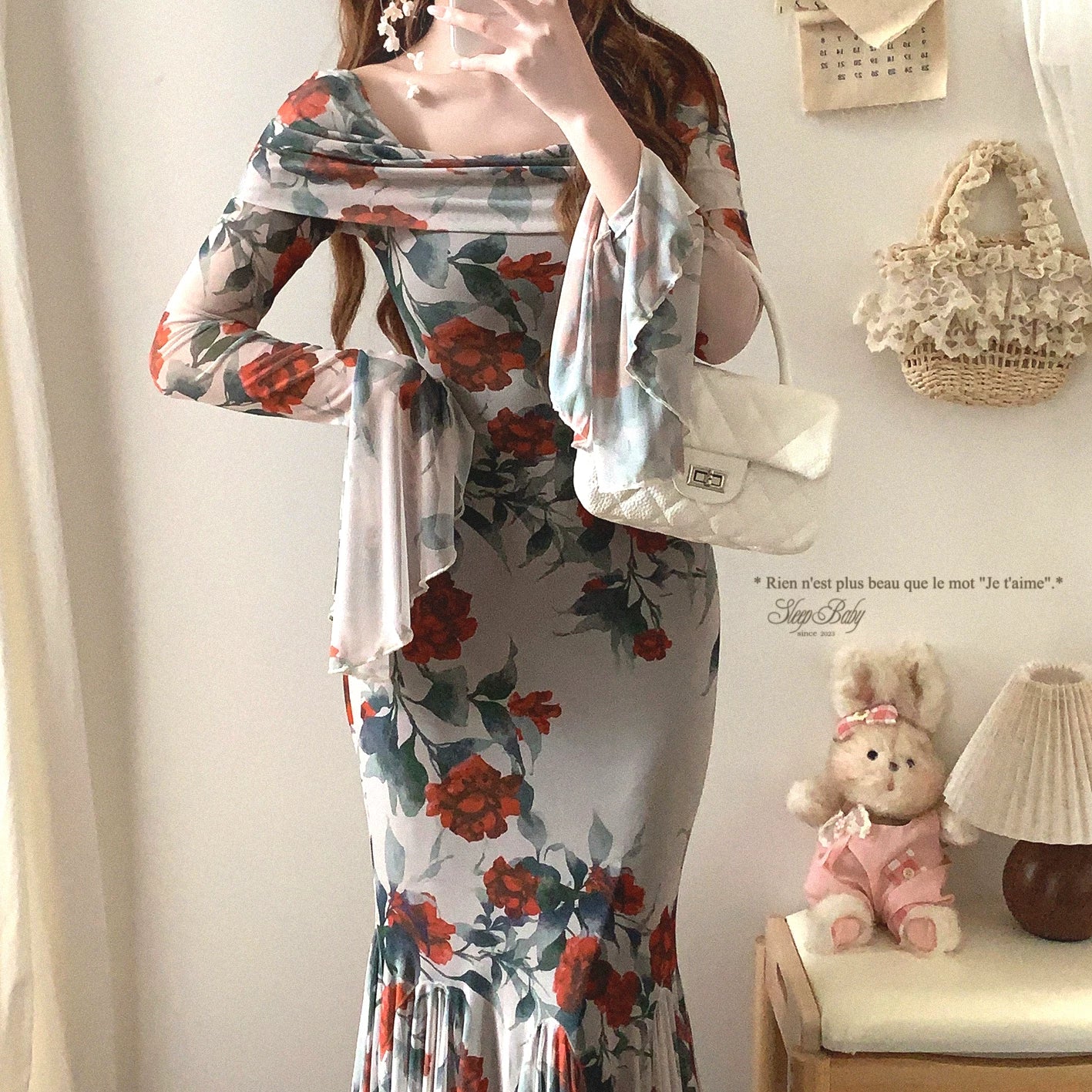 Final-Stock GDRX French Romantic Rose Print Elegant One-Shoulder Off-V-Neck Bell Sleeves Bodycon Mermaid Dress