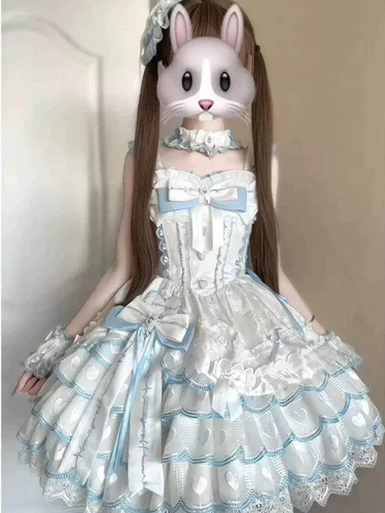 Blue-and-White Ballet Lolita Dress JSK Day Dress for Everyday Wear, Dog Short Train, Bowknot, Sweet Princess Lolita