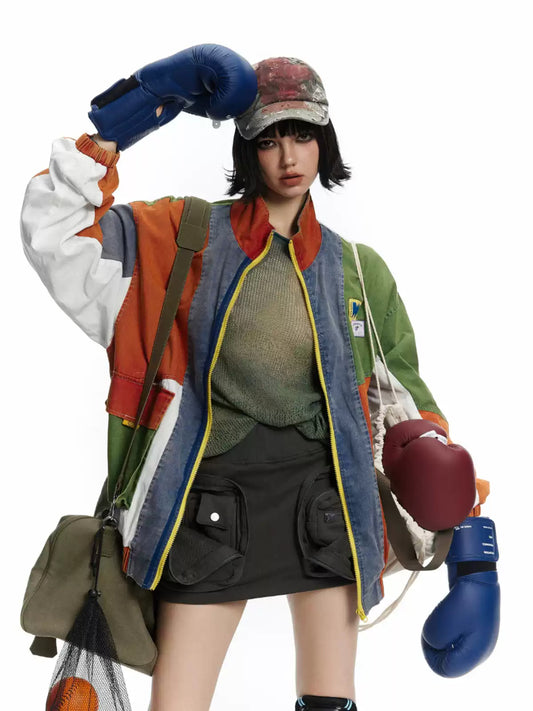 American small multi-material contrasting color splicing jacket