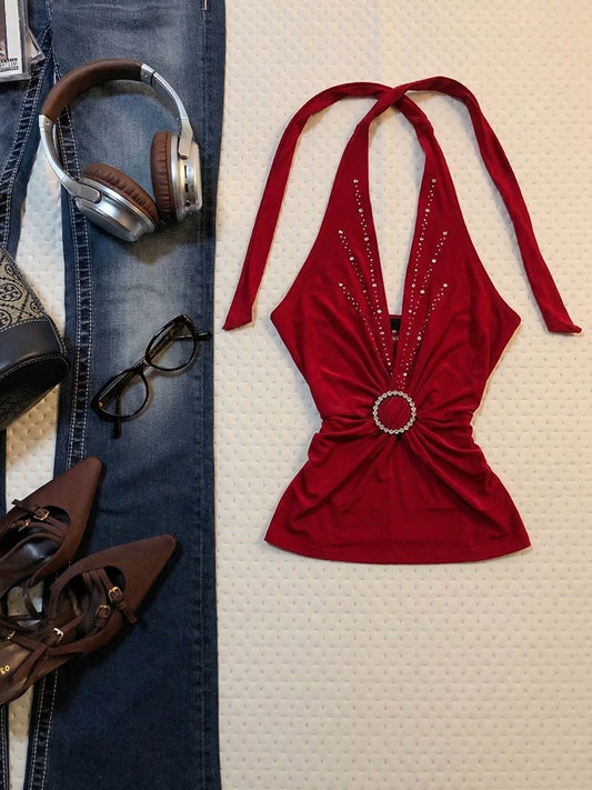 Vintage Spicy Girl Red Halter Cami Top for Women, Rhinestone Waist-Cinching Slim Fit