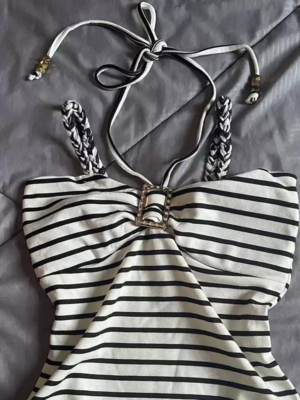 Black and white striped twist camisole
