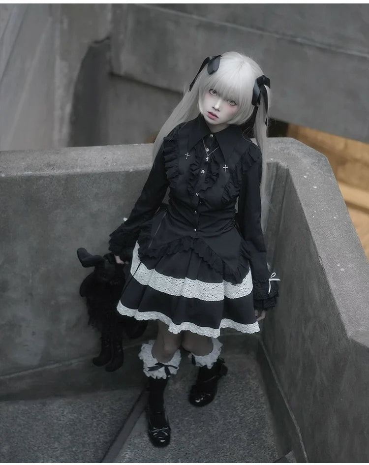 Gothic Lolita Blouse Black White Waist-Tie Shirt
