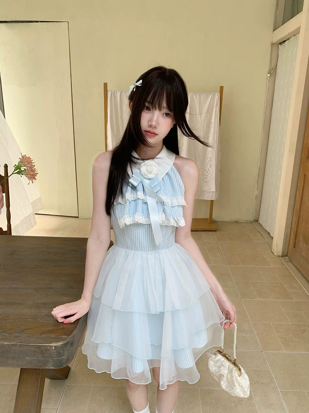 LaLa Sauce Dreaming Mirror Sea Salt Girl Off-Shoulder Dress with Camellia, Butterfly Bow, Mesh Tulle Cake Princess Skirt