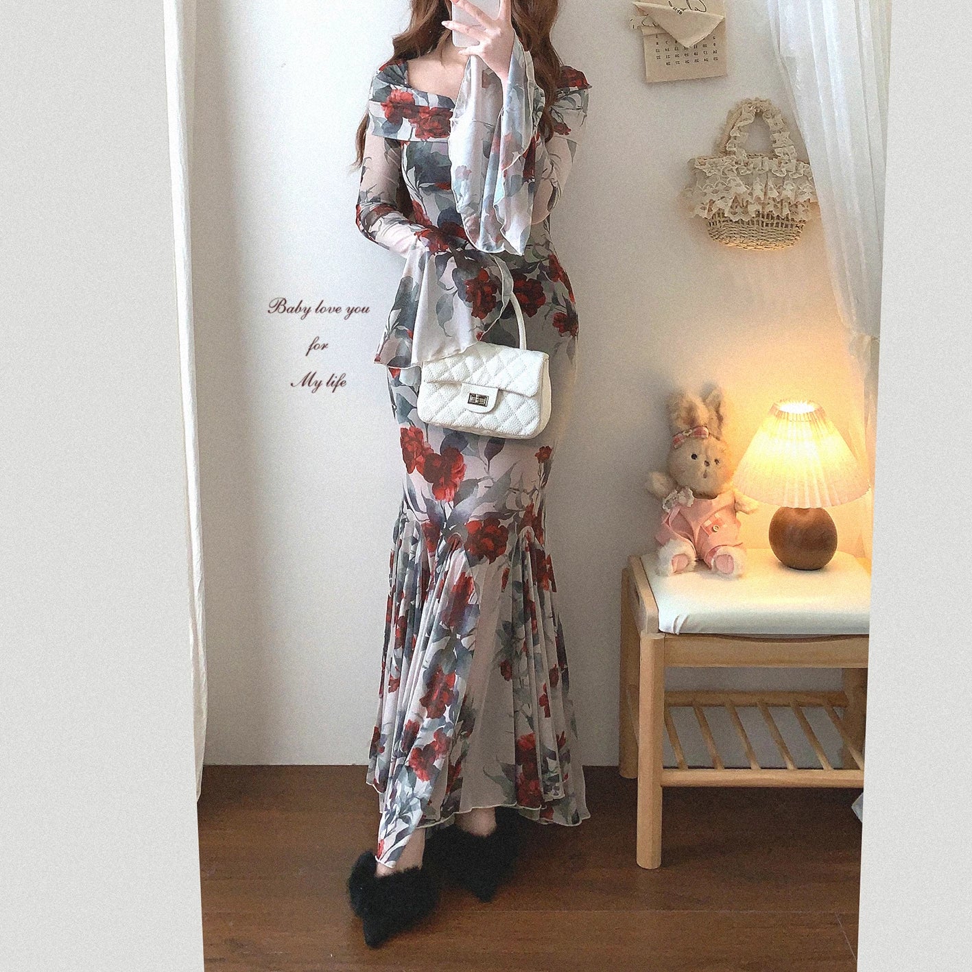 Final-Stock GDRX French Romantic Rose Print Elegant One-Shoulder Off-V-Neck Bell Sleeves Bodycon Mermaid Dress