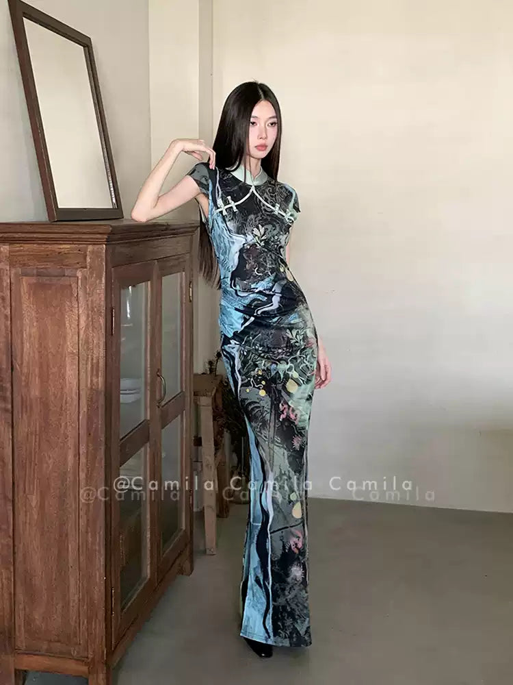 Landscape Painting Printed Cheongsam Dress