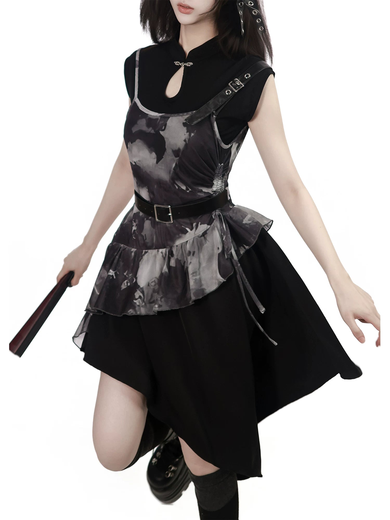 In Stock & Ships Fast 【Inkstone】 Cheongsam Collar Tencel Camisole Dress Top with Water-Ink Feel, Irregular Hem