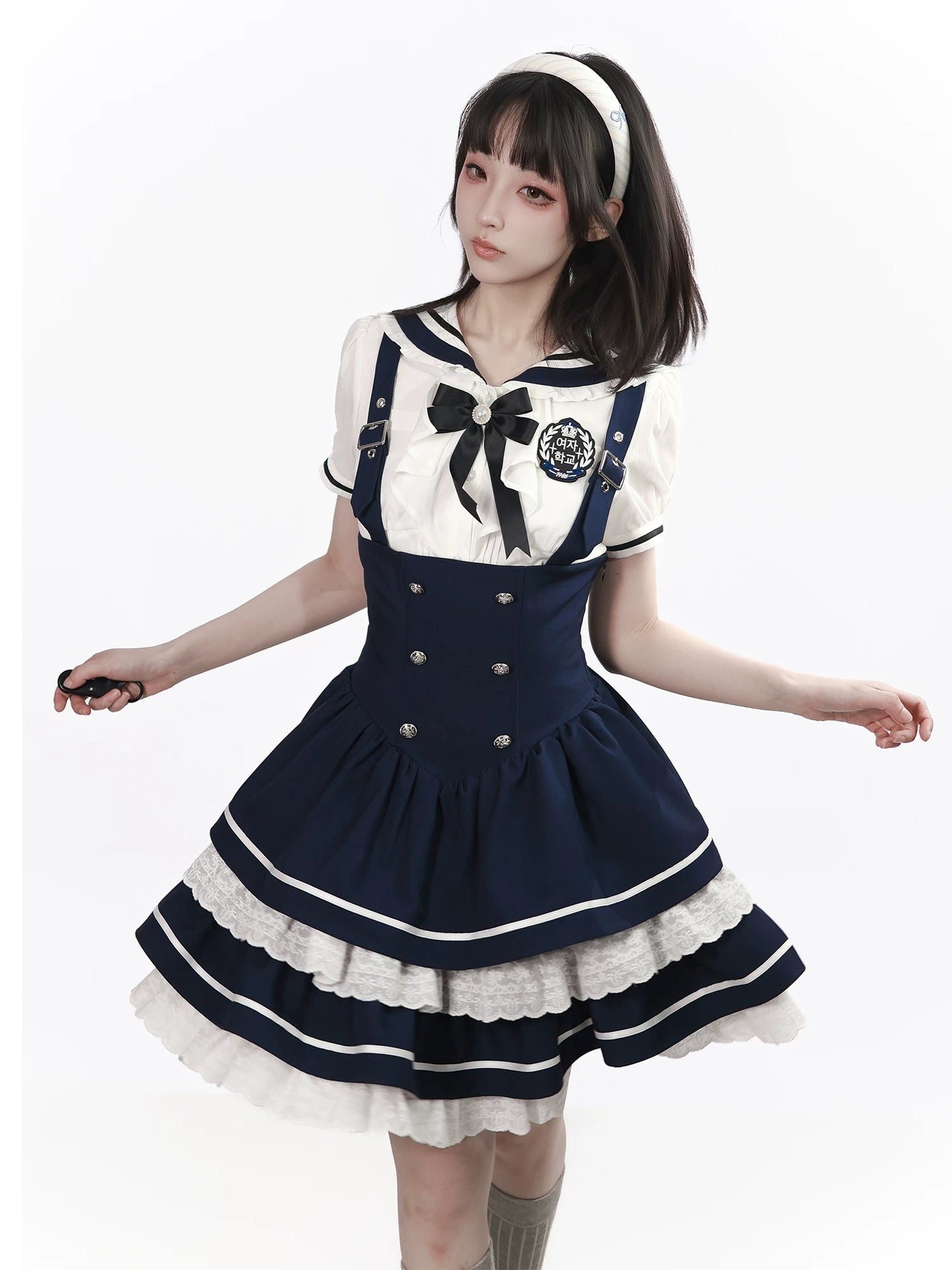 In-Stock & Ready to Ship【Chunxi Women】 Korean-Inspired Academy Waist-Tie Lace Bib Dress in Blue & White with Bow Tie