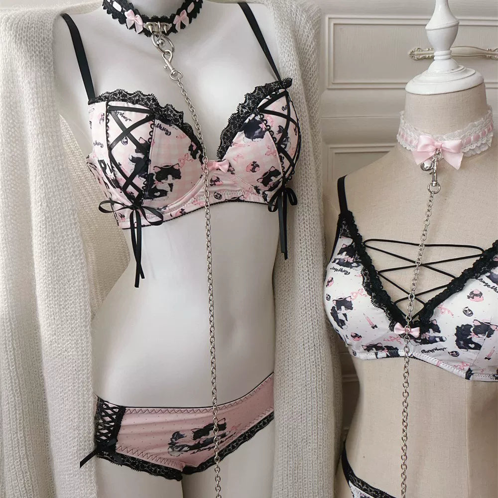 Adorable Cow Cat Sweet &amp; Sexy Cross-Tie Lace Cutout Underwire-Free Padded Uplift Bustier Bra