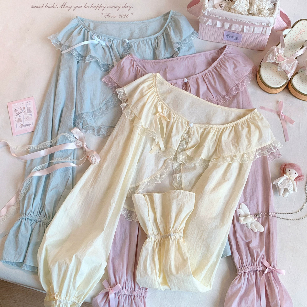 Sleepingdoll Handmade* Lace Ruffle Collar Gentle-Style Tied Ribbon Lace-Up Chiffon Long-Sleeve Cardigan Outerwear