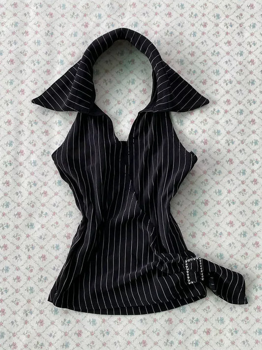 Gothic Rose Original Vintage Retro “Spicy Girlie” Black Striped Halter Crop Top—Fitted, Slimming, Beautiful
